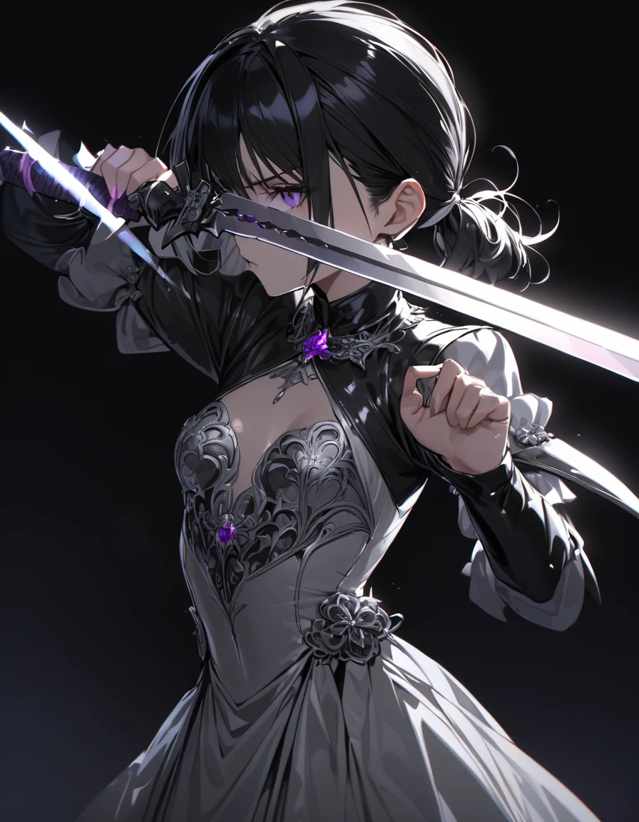 (masterpiece)、(absurdres)、(ultra detailed)、(8k),Anatomically correct,(solo lady,shiny black hair,shiny purple eyes,short highponytail,(1white ribbon;1.1),(small breast:0.9),(silver detailed Gothic dress:1.1),BREAK,black flared skirt,from front:0.8,Defensive Pose:1.2,Serious,Hold the sword sideways to your face:1.3,grabs sharpness-sword/sharpness sword covering on mouth,upperbody shot:1.2,simple darkness background,in the darkness:1.2,