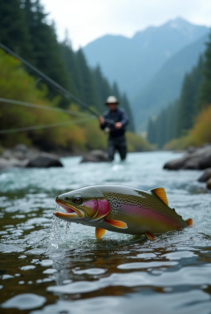 Professional photos, The fly landed on the water, Yamame trout biting from underwater, dynamic motion, Clear Japanese mountain streams, Fly fishing scene