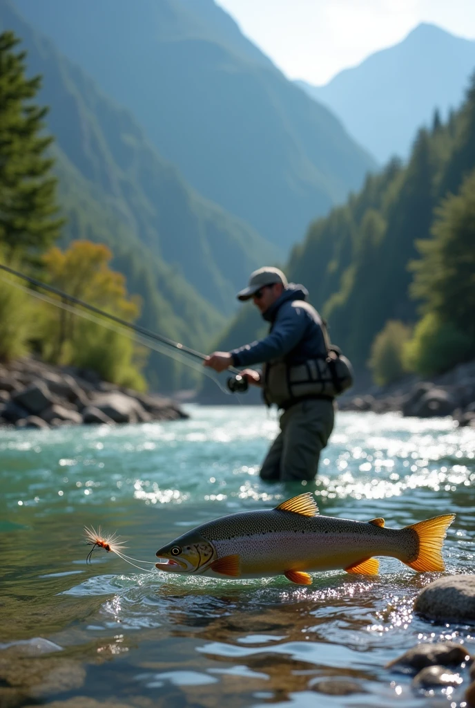 Professional photos, The fly landed on the water, Yamame trout biting from underwater, dynamic motion, Clear Japanese mountain streams, Fly fishing scene