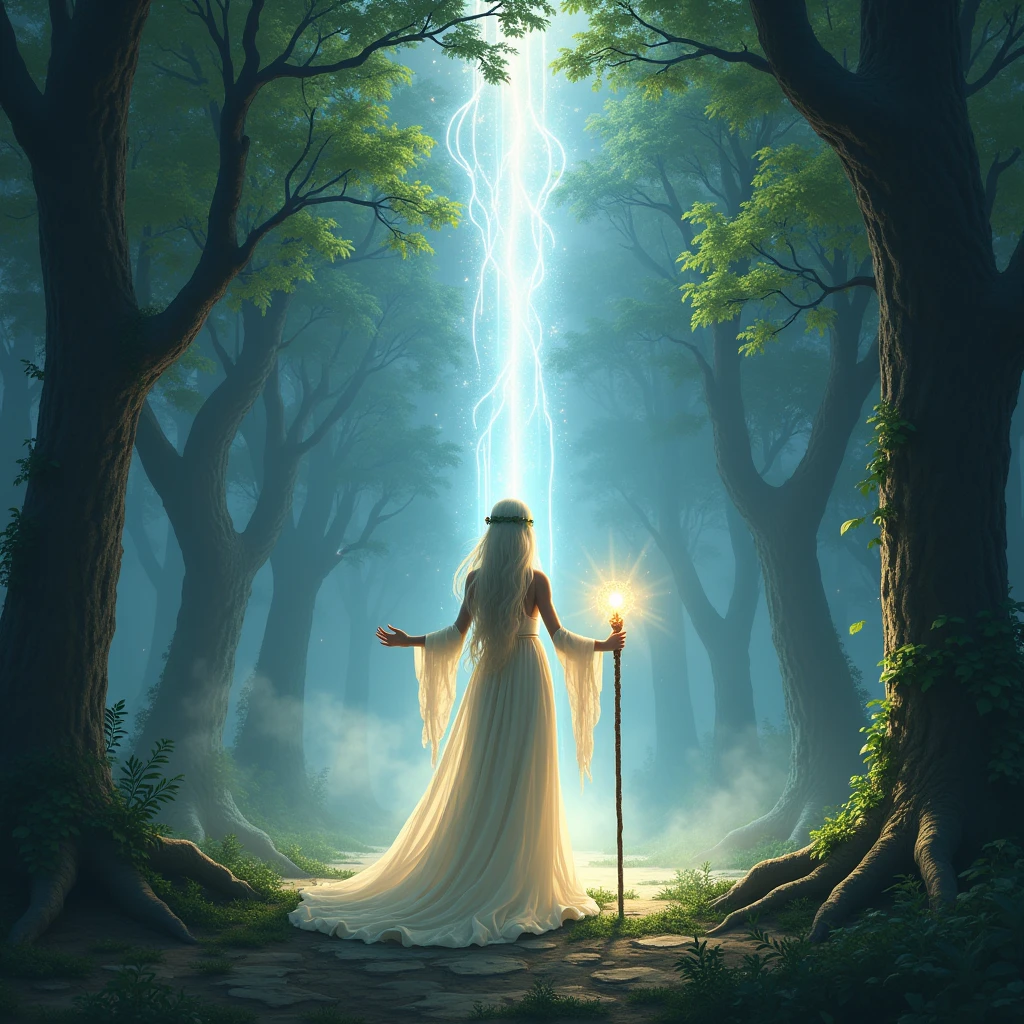 ((Allena the elven high priestess of the elf moon stands before the ((hidden forest alter under the moon)) and summons the power of the stars to link the earth and sky)). Allena is standing amidst a magical forest, with sparkling fairy lights illuminating the surroundings. The vibrant green leaves of the towering trees create a mesmerizing backdrop. Moonlight filters through the branches, casting ethereal rays of silver light on the elf's ethereal face. She holds a magical staff in her hand, which emits a soft glowing energy, revealing her strong connection with the stars. (She is surrounded in a pillar of silver light that connects the earth and sky), The atmosphere is filled with a sense of serenity and tranquility. The colors in the scene are vibrant and saturated, with a touch of mystical hues, enhancing the magical ambiance. The lighting is soft and gentle, with a warm silver glow, creating a dreamlike and otherworldly atmosphere. The image quality is of the highest standard, with ultra-detailed rendering capturing every intricate detail of the elf's features and the surrounding environment. The overall style of the image is fantasy art, with a blend of realism and a touch of surrealism, capturing the essence of the mystical and enchanting world of elves.