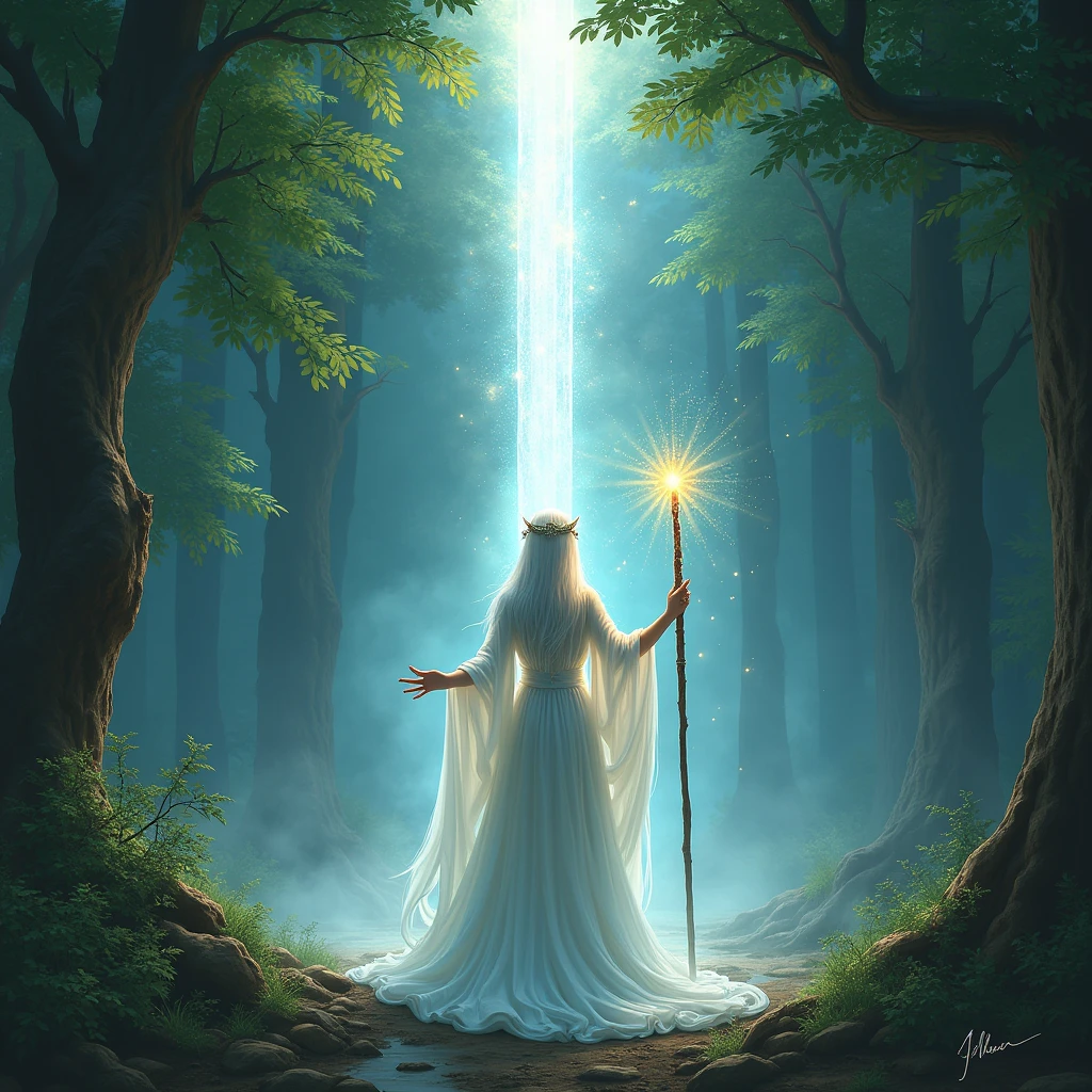 ((Allena the elven high priestess of the elf moon stands before the ((hidden forest alter under the moon)) and summons the power of the stars to link the earth and sky)). Allena is standing amidst a magical forest, with sparkling fairy lights illuminating the surroundings. The vibrant green leaves of the towering trees create a mesmerizing backdrop. Moonlight filters through the branches, casting ethereal rays of silver light on the elf's ethereal face. She holds a magical staff in her hand, which emits a soft glowing energy, revealing her strong connection with the stars. (She is surrounded in a pillar of silver light that connects the earth and sky), The atmosphere is filled with a sense of serenity and tranquility. The colors in the scene are vibrant and saturated, with a touch of mystical hues, enhancing the magical ambiance. The lighting is soft and gentle, with a warm silver glow, creating a dreamlike and otherworldly atmosphere. The image quality is of the highest standard, with ultra-detailed rendering capturing every intricate detail of the elf's features and the surrounding environment. The overall style of the image is fantasy art, with a blend of realism and a touch of surrealism, capturing the essence of the mystical and enchanting world of elves.