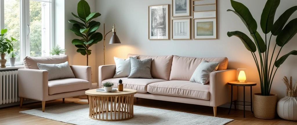 Stylish Living Room with Wellness Touches:
A beautifully decorated living room featuring cozy furniture, elegant decor, and wellness elements like indoor plants, candles, and essential oil diffusers. The scene exudes a calm and inviting atmosphere.
