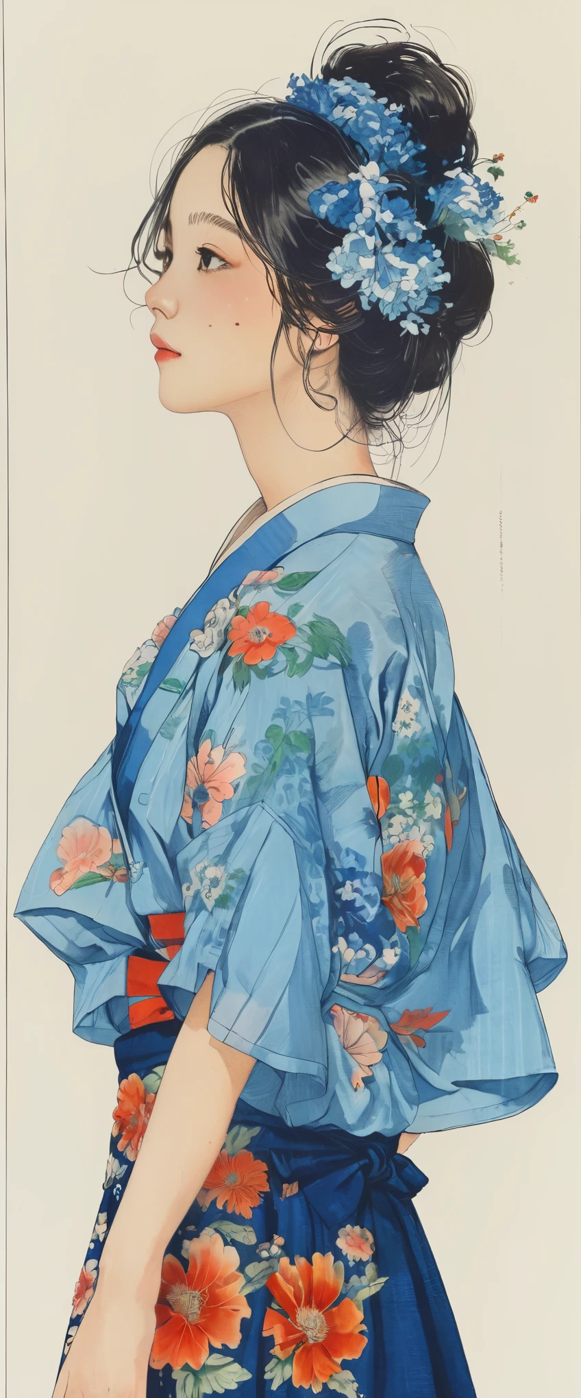 style of Kawanabe Kyosai, Asian、Beautiful girl、Bobcut、Blue striped shirt on a white background、Blue long skirt、Floral Background、