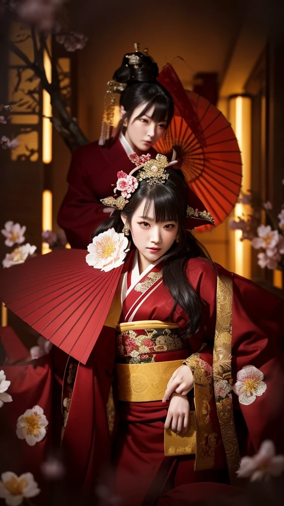 "Create a hyper-realistic and dramatic scene in 1080x1920 resolution featuring a traditional Japanese courtesan (Oiran) in a luxurious setting. The courtesan should be dressed in an elaborate kimono with intricate patterns, including red, gold, and black colors. She is posed gracefully, holding a red parasol, with a delicate and thoughtful expression on her face. Her hairstyle is ornate, adorned with traditional hairpins and flowers. The setting includes a richly decorated room with a soft, warm lighting that highlights the vibrant colors of her attire and the textures around her. Cherry blossom branches and a traditional red lantern add to the scene’s authentic and serene atmosphere. The overall mood should be elegant and mysterious, capturing the beauty and tradition of Japanese culture."