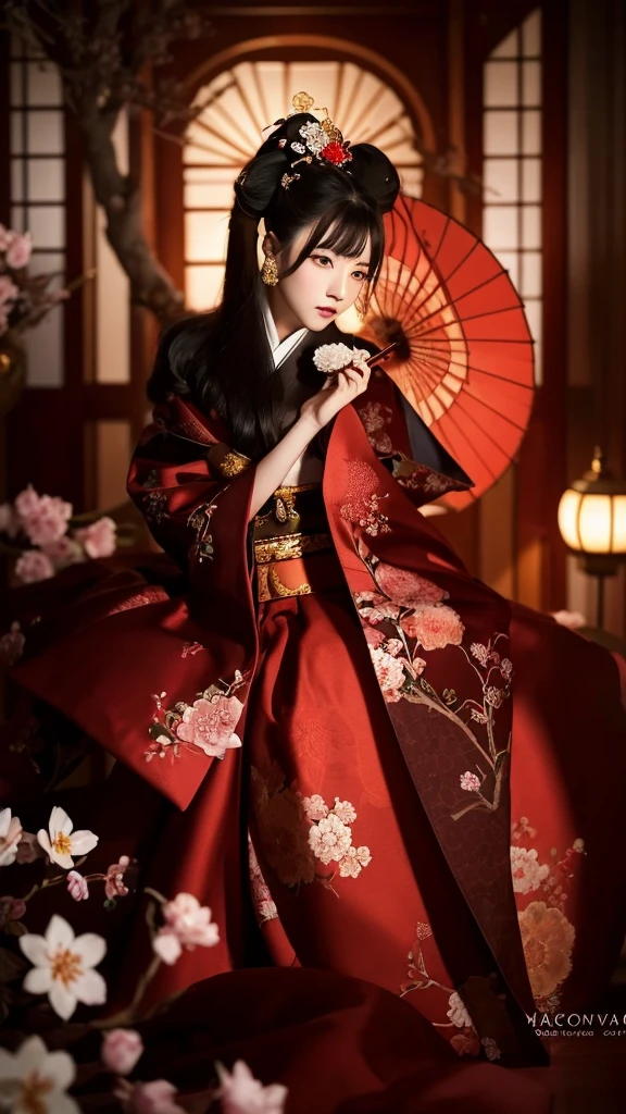 "Create a hyper-realistic and dramatic scene in 1080x1920 resolution featuring a traditional Japanese courtesan (Oiran) in a luxurious setting. The courtesan should be dressed in an elaborate kimono with intricate patterns, including red, gold, and black colors. She is posed gracefully, holding a red parasol, with a delicate and thoughtful expression on her face. Her hairstyle is ornate, adorned with traditional hairpins and flowers. The setting includes a richly decorated room with a soft, warm lighting that highlights the vibrant colors of her attire and the textures around her. Cherry blossom branches and a traditional red lantern add to the scene’s authentic and serene atmosphere. The overall mood should be elegant and mysterious, capturing the beauty and tradition of Japanese culture."
