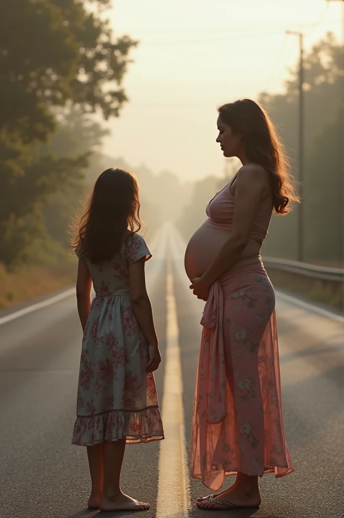 Give me a image of prgnant lady and her sister waiting on the road