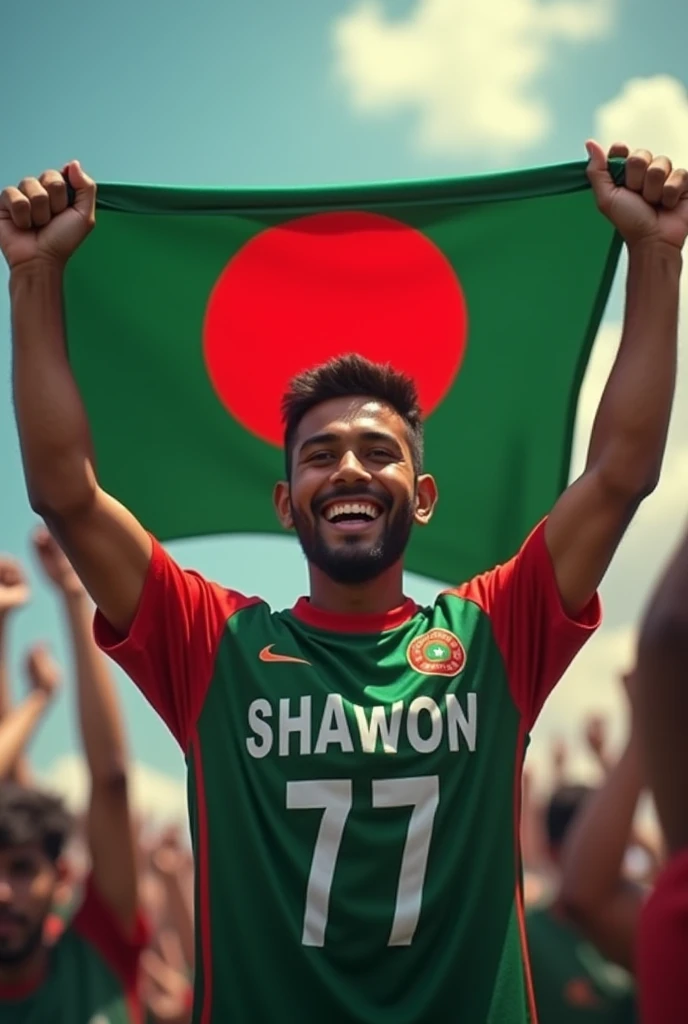 I am a Bangladeshi cricket fan my name is Shawon my jersey number is 77And a flag of Bangladesh will be in my two hands