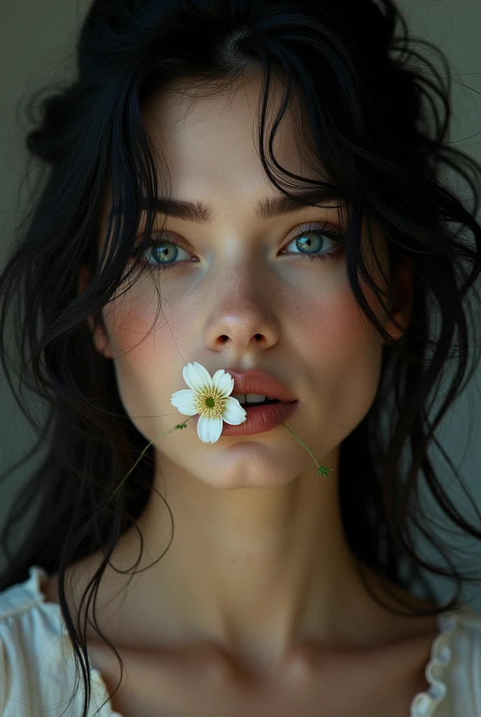 close-up of a fair-skinned woman with long hair, Black and bulky, messy for dramatic effect. She holds a flower in her mouth and looks directly at the camera with a serene and introspective expression.. Soft, diffuse lighting enhances textures and details in hair and skin. The composition is artistic, with a blurred background and soft colors, creating a high fashion editorial look."