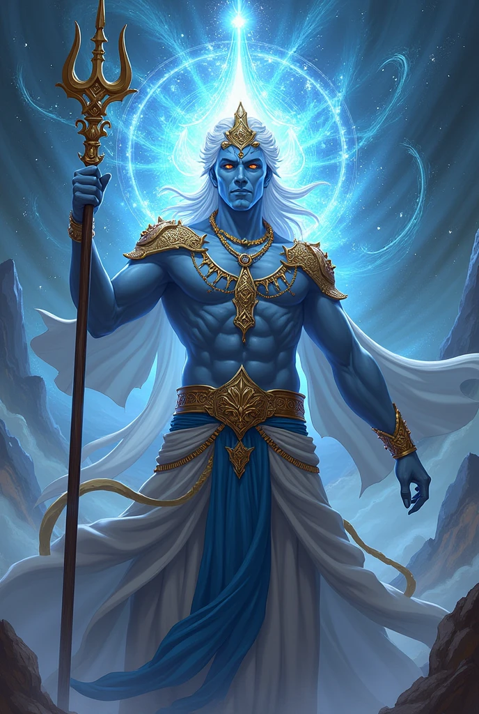 Genarate a picture of a god who have a trishul on his left hand. His body colour is blue and he is so charming and male