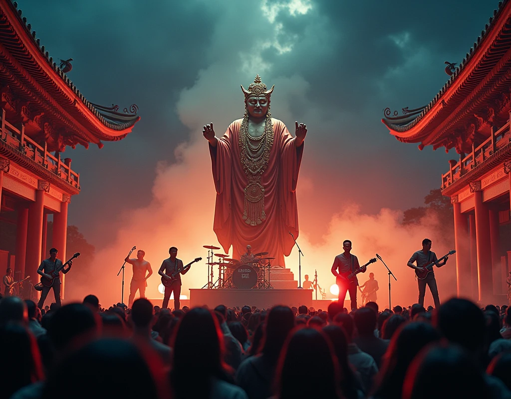 Chinese mythology,Ksitigarbha Bodhisattva,King of Hell,rock band,Concert stage,temple background,Night,A crowd,detail,Surreal,masterpiece,8K wind resolution,overclocked renderer,
