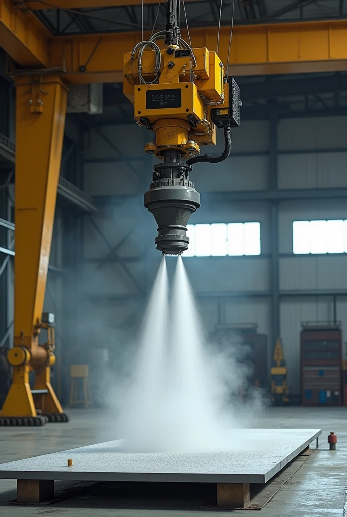 sandblasting using a overhead crane the crane must have two vertical arms and it is fix with horizontal arm which parallel to the plate and the nozzle fix with that horizontal arm, the sandblasting nozzle fix to the overheadcrane, the plate parrellel to the ground and nozzle perpendicular to the plate