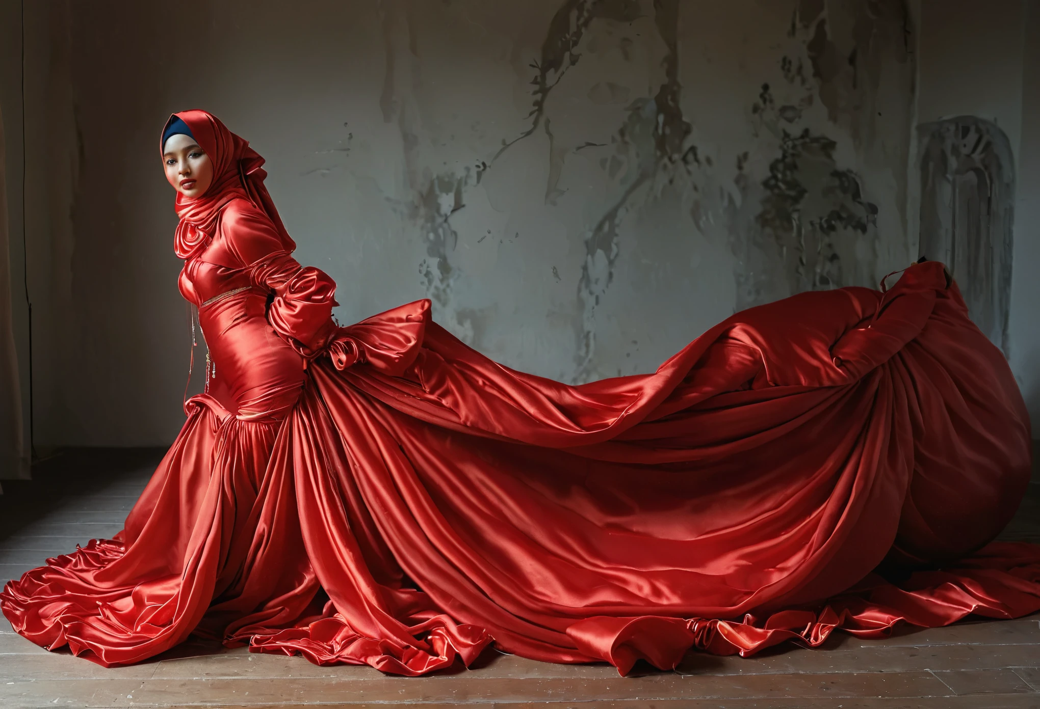 A woman shrouded in a 10-meter-long, plush red satin cloth, ballon sleeves, tightly bound and grandly draping along the form of her body, flowing off into a pooled floor-length train, styled in a mermaid-inspired outfit, her head modestly veiled in a satin hijab, 175 height woman, walk in photo studio, a full-body pose conveying a sense of elegance, captured in a 4k resolution, ultra-realistic