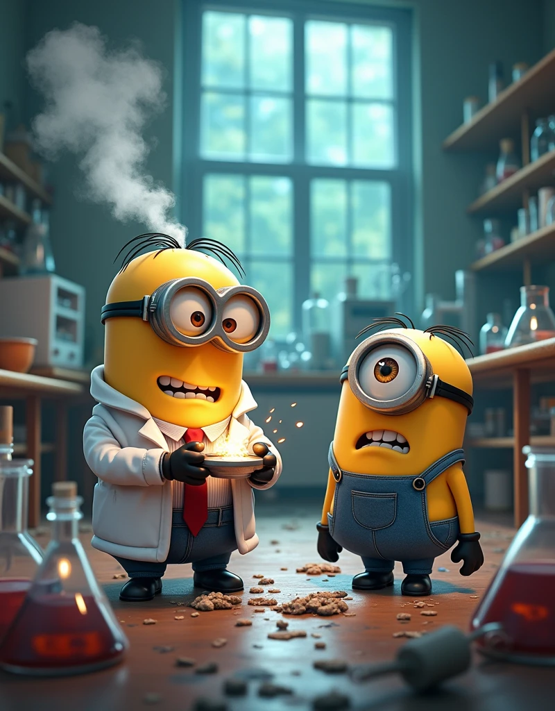 Laboratory in chaos, Minion Bob in a scientist suit holding a smoking experimental device flashing failed exploding Minion struart one eyed scientist suit looking at Bob with a confused expression Minion 