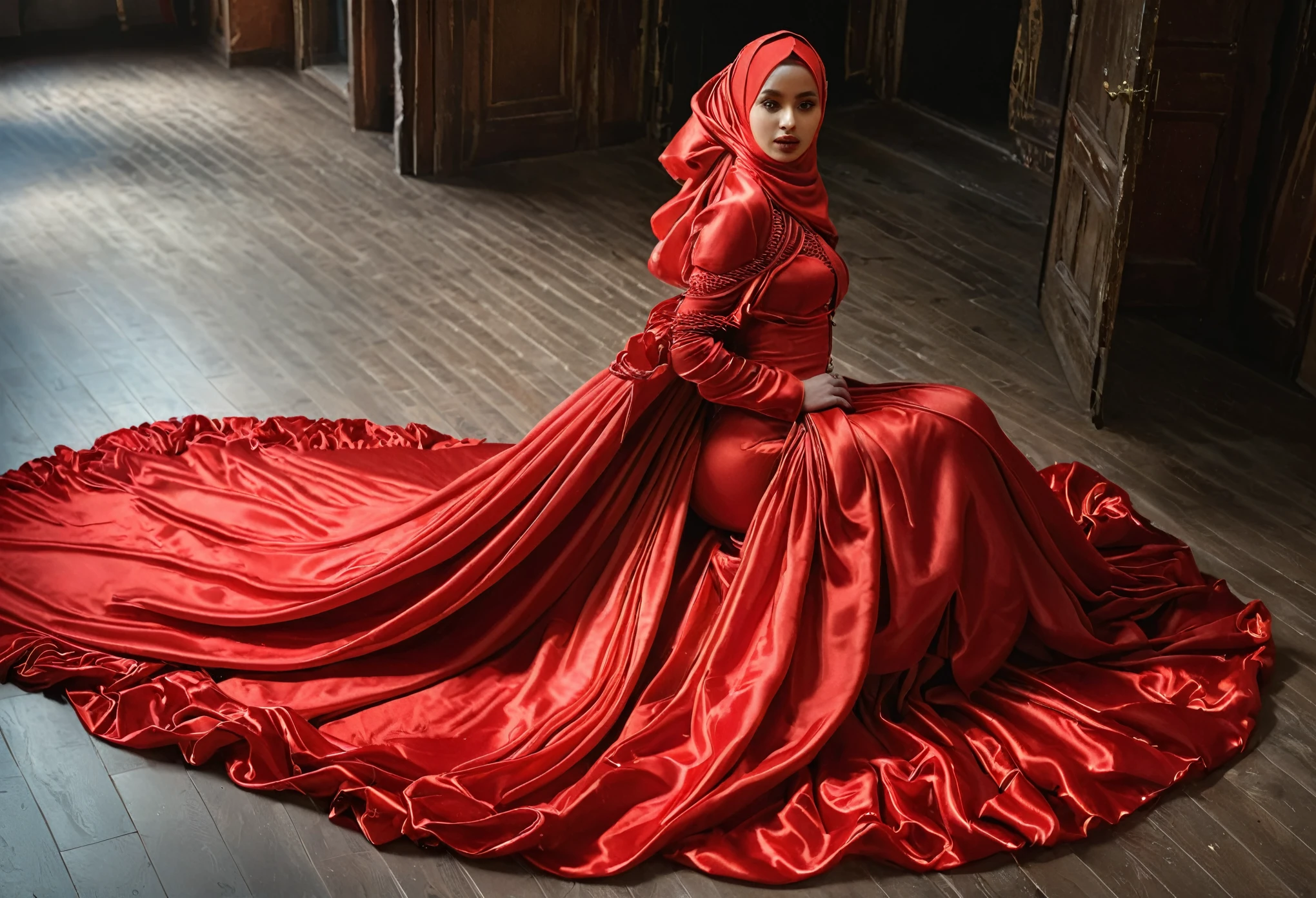 A woman shrouded in a 10-meter-long, plush red satin cloth, ballon sleeves, tightly bound and grandly draping along the form of her body, flowing off into a pooled floor-length train, styled in a mermaid-inspired outfit, her head modestly veiled in a satin hijab, 175 height woman, walk in photo studio, a full-body pose conveying a sense of elegance, captured in a 4k resolution, ultra-realistic