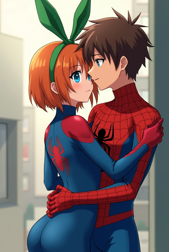 Yotsuba nakano short orange hair, green ribbon on the head in the shape of a rabbit,blue eyes, at 2, full body, more adult and wearing a spiderman suit and a 2 brown-haired adult, brown eyes with spiderman suit white spider kissing