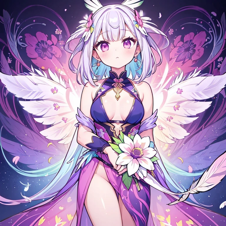 (Official Art, beautifully、aesthetic:1.2), (One girl:1.3),(Fractal Art:1.1),(colorful:1.1)(Flowers:1.3),Most detailed,(Tangled:1.2), whole body, (Abstract background:1.3), (Glowing Skin), (Many colors:1.4), ,(Earrings), (feather:1.5),Angel,Angelの輪,