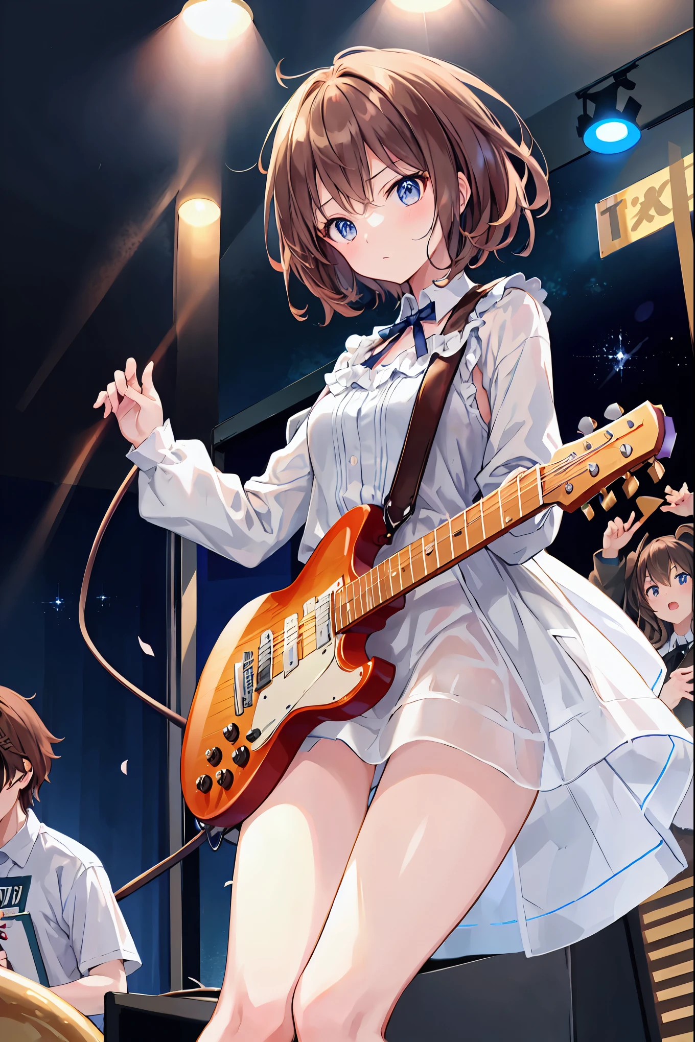 Brown Hair,Shortcuts,Messy Hair,Slender beauty,A dignified posture,Small chest,Beautiful feet,Her captivating grey-blue eyes shine like stars,,Highest quality、masterpiece、Anime Girls、Brass band club、((guitar))、Serious face,The whole body is visible,Mike stand,Legs spread wide、Singing passionately,guitarテクニック,live houseの照明,live house,Spectators,indoor