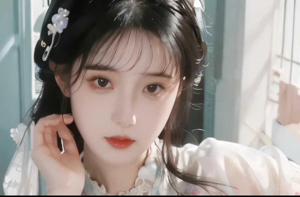 1 girl,beautiful, Floral Pattern, Radiant Skin, The gaze, Decorative clothing, Natural Lighting, Shallow view of deep, Romantic environment, Dreamy pastel tones, Peculiar details, Filming,(8K, original photo:1.2), best quality, Ultra-high resolution,CG Unity 8k Wallpaper,masterpiece,best quality,Very detailed