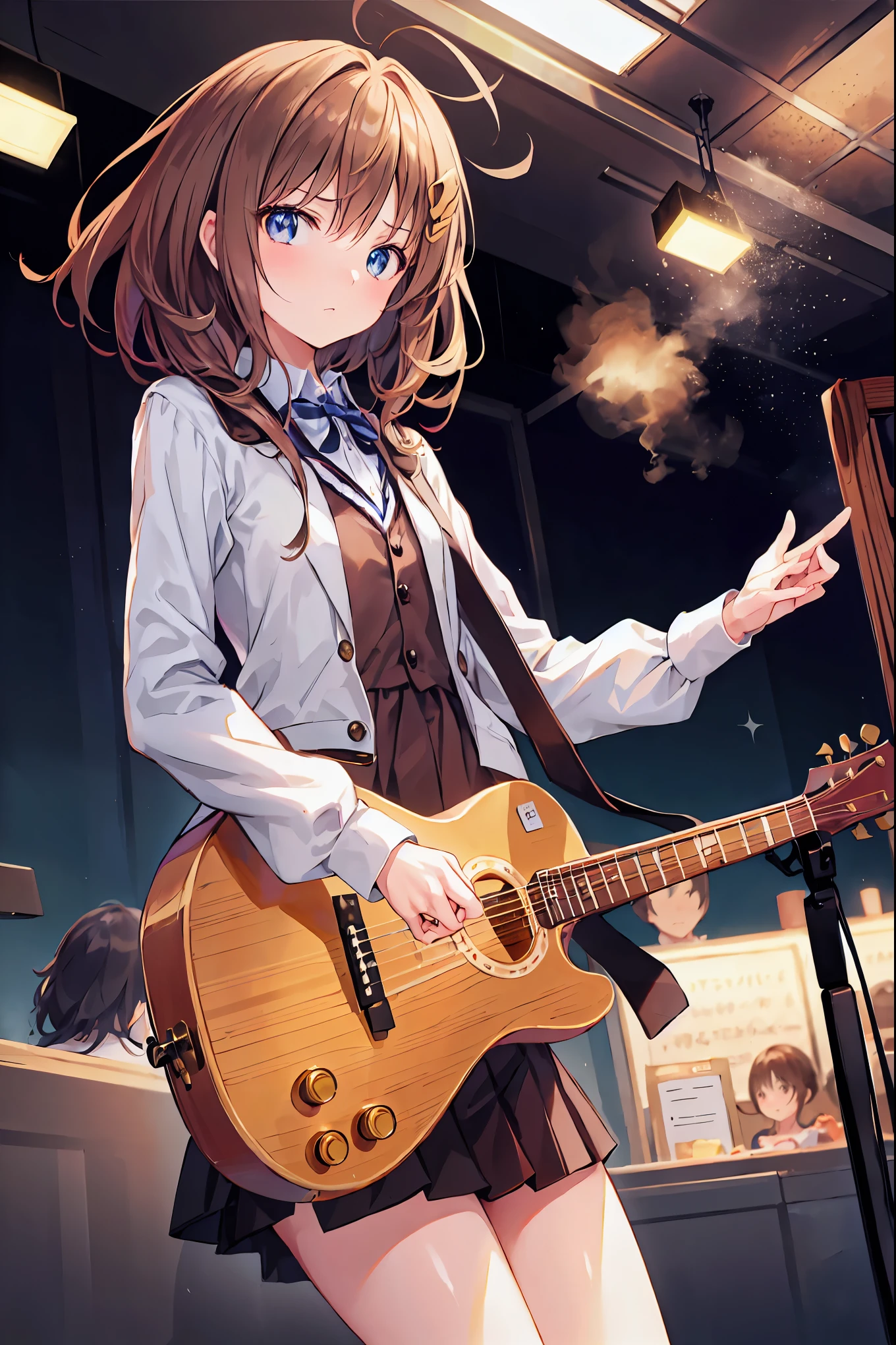 Brown Hair，Shortcuts，Messy Hair，Slender beauty，A dignified posture，Small chest，Beautiful feet，Her captivating grey-blue eyes shine like stars，，Highest quality、masterpiece、Anime Girls、Brass band club、((guitar))、Serious face，The whole body is visible，Mike stand，Legs spread wide、Singing passionately，guitarテクニック，live houseの照明，live house，Spectators，indoor