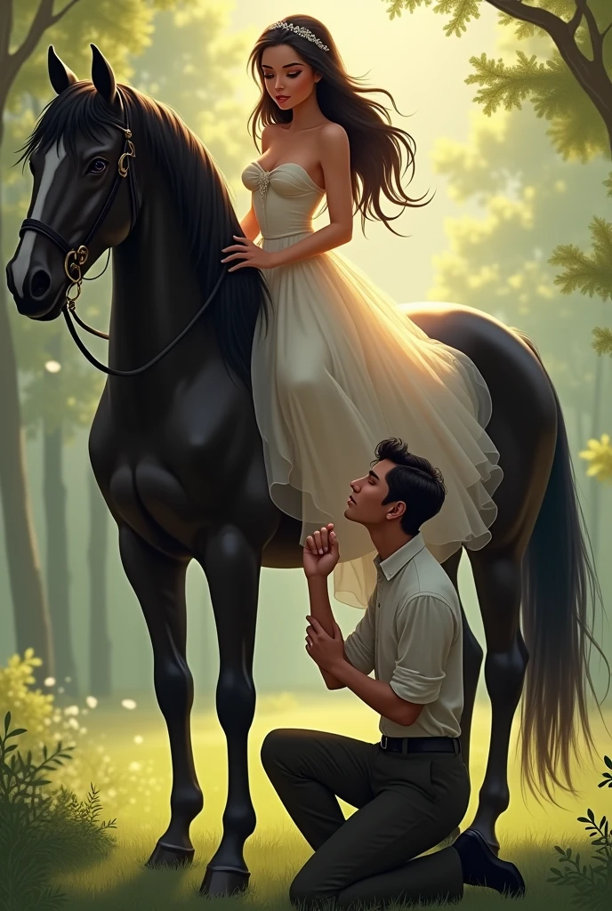 A girl sitting on a black horse her hairs are open she is really beautiful and her man sitting on his one knee plants a kiss on her hand and sitting on ground make him kiss her right hand