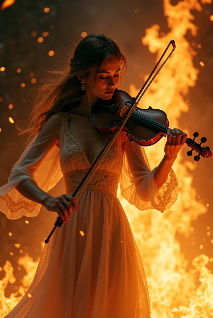 Beautiful girl play voilin in fire burn