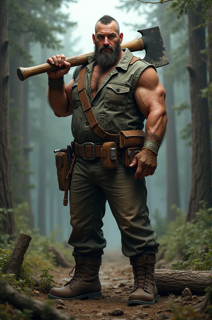 Tall Lumberjack Man, young short beard, super short hair
