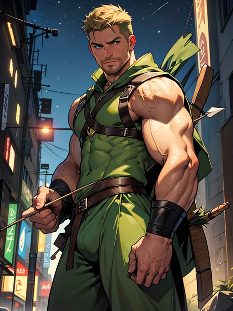 NSFW, 32k, high quality , detailed face , detailed fingers ,detailed muscles  stephen amell as green arrow , wearing blackish green outfit   , showing a dark blond short hair , a thick facial hair like daddies, a bulge ,hunk and handsome, shooting  his  arrows with a bow toward the ennemies , in action , with the quiver on his back full of arrows background sky and city at night 