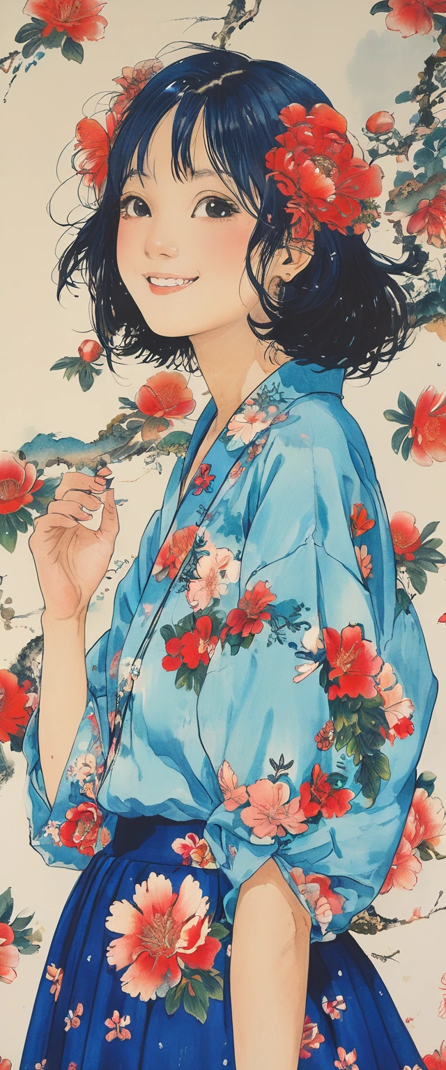 style of Kawanabe Kyosai, Asian、high school girl、Bobcut、Floral Aloha shirt、Blue long skirt、Floral Background、smile、Upper Body