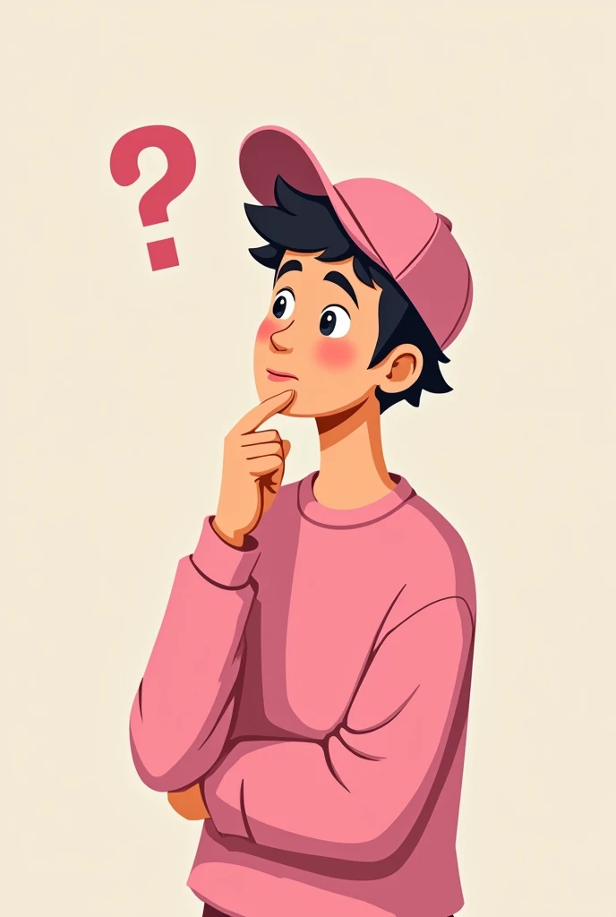 Cartoon of a 20 year old boy, with pink cap, pink sweatshirt, with a thoughtful face, Looking up, side mouth, with one hand on his face and a question mark above his head