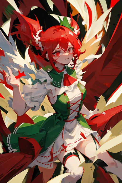  with red scarlet fiery hair. white face. Black Spout. long eyelashes. Cut carcass. Red and green cap. Red and green dress . Black scary eyes. Heads Tits Pussy