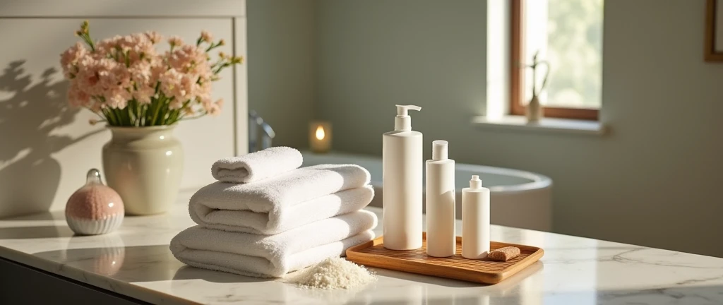 Spa-Like Bathroom Retreat:
A luxurious bathroom setting with soft lighting, plush towels, and high-end skincare products displayed on a marble counter. Include elements like bath salts, a vase with fresh flowers, and a bamboo bath tray to evoke relaxation and self-care.