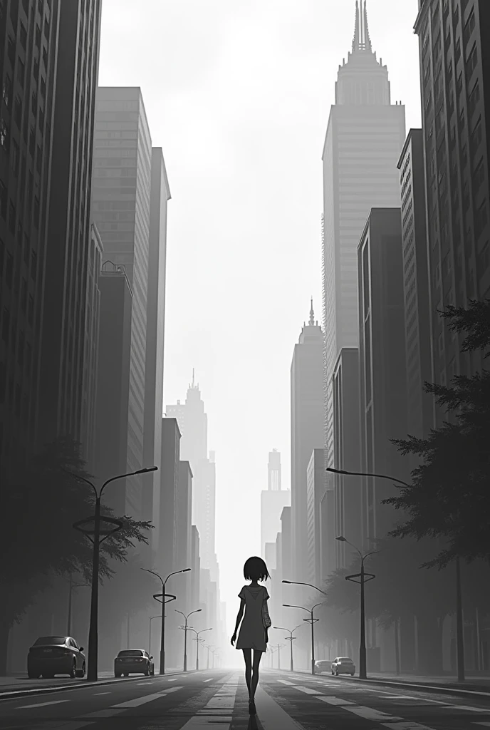 An anime girl with a cityscape that the girl is walking in black and white with no people around 