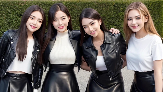 Wide-angle shot, Highest quality,masterpiece,Ultra-high resolution,Black leather jacket、Black Leather Skirt、(((Four beautiful girls with lovely smiles)))、