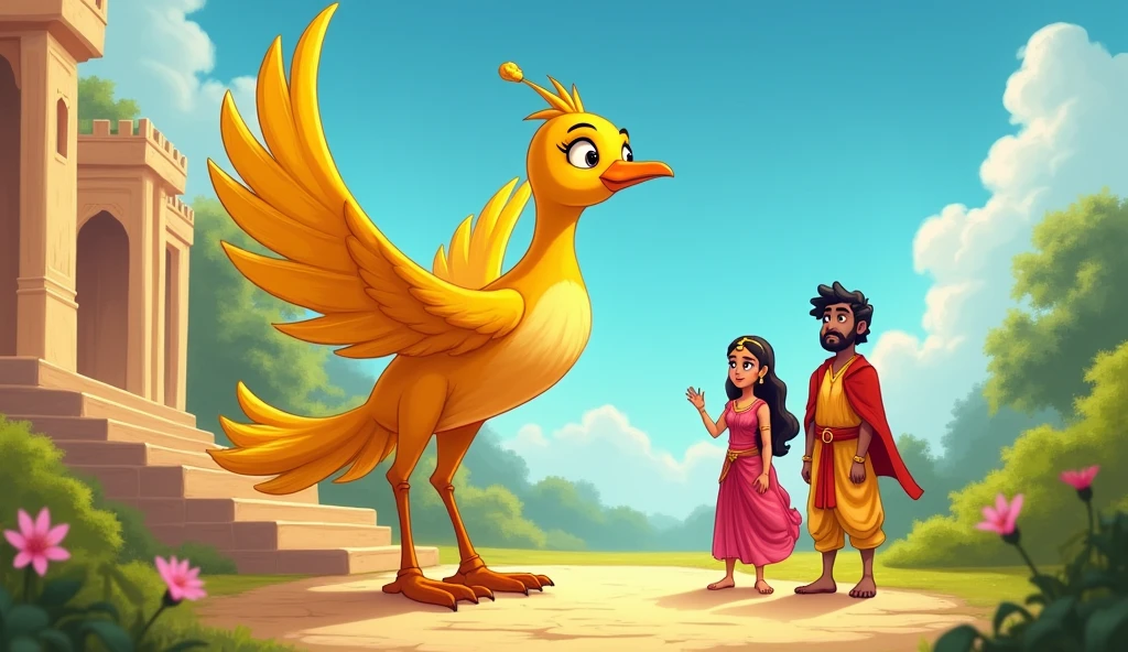 Setting: The palace garden on a sunny day, with clear blue skies.Characters: The golden bird about to take flight, Princess Brazbala and King Bhimsen standing nearby.Focus: The bird smiling gently, wings spread, ready to fly away, while the princess waves goodbye with a mix of sadness and acceptance, and the king nods in gratitude.