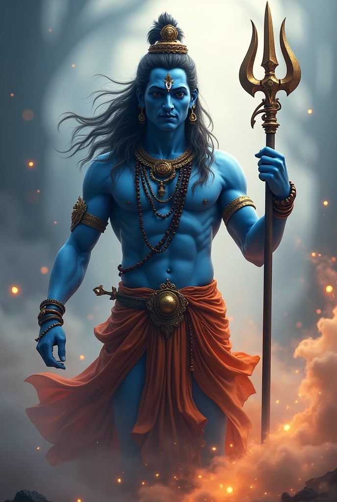 Genarate a picture of a god who have a trishul on his left hand. His body colour is blue and he is so charming and male
.hindu mythology Shiva