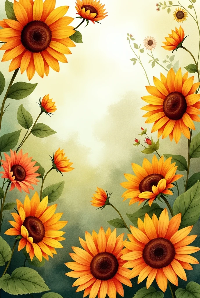 Lots of Sunflower wallpaper with water colour but not in yellow colour  use green , brown and red colour 


