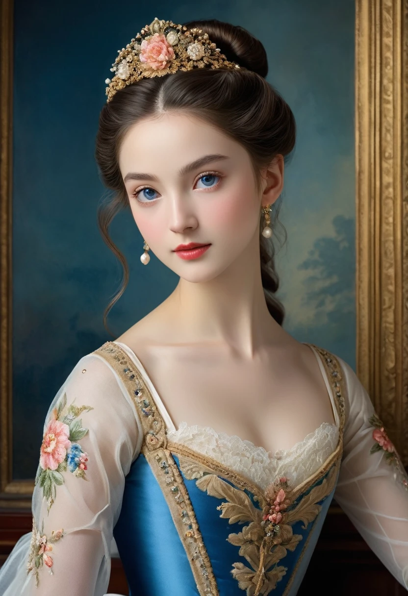 (high resolution,masterpiece:1.2),(Practical:1.37)"(best quality, high resolution, Extremely detailed, Practical),Beautiful portrait of a 19th century French ballerina, (She is of French and Japanese descent., She is a beautiful woman,Deep blue eyes and a high nose:1.1), Exquisite ballet costumes, Detailed facial features, Slender and graceful neck, Flowing long hair, Elegant Posture, Soft and delicate lighting, Oil painting medium, Vibrant colors, Subtle background with floral pattern"