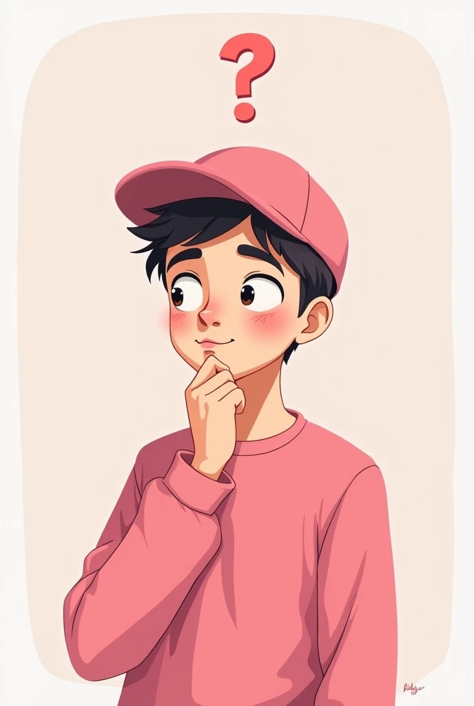 Cartoon of a 20 year old boy, with pink cap, pink sweatshirt, with a thoughtful face, Looking up, side mouth, with one hand on his face and a question mark above his head