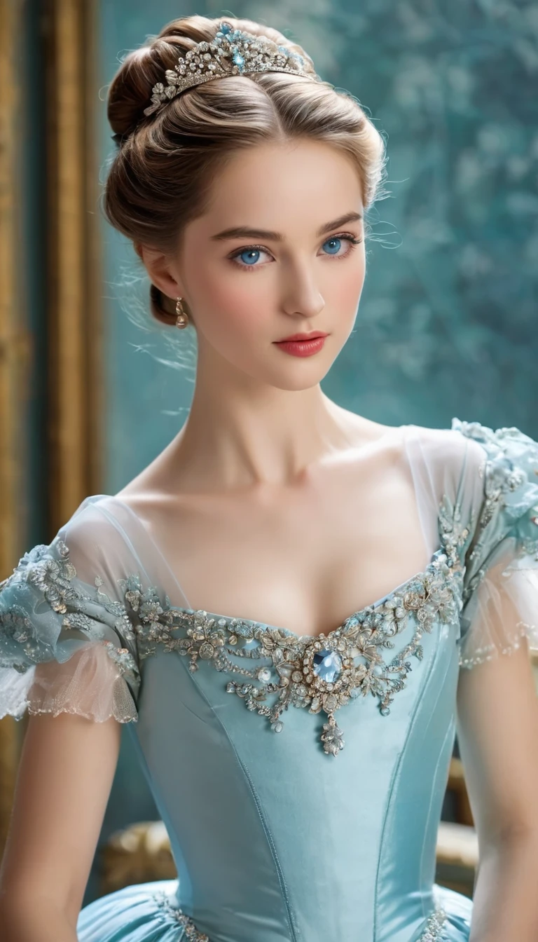 (high resolution,masterpiece:1.2),(Practical:1.37)"(best quality, high resolution, Very detailed, Practical),Beautiful portrait of a 19th century French ballerina, (She is half Scottish,Half Japanese., She is absolutely stunning...,With ice blue eyes and a high nose.:1.1), Exquisite ballet costumes, Detailed facial features, Slender and graceful neck, Aquamarine necklace, Flowing long hair, Calm and elegant posture, charm