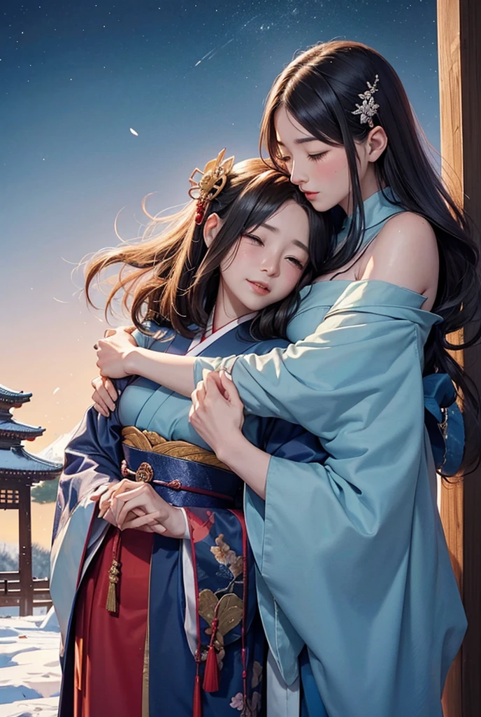 Japanese Folktales A beautiful princess and an old woman and grandfather The three of them are hugging each other and crying A feeling that something terrible is going to happen god々The era of Deep in the mountains