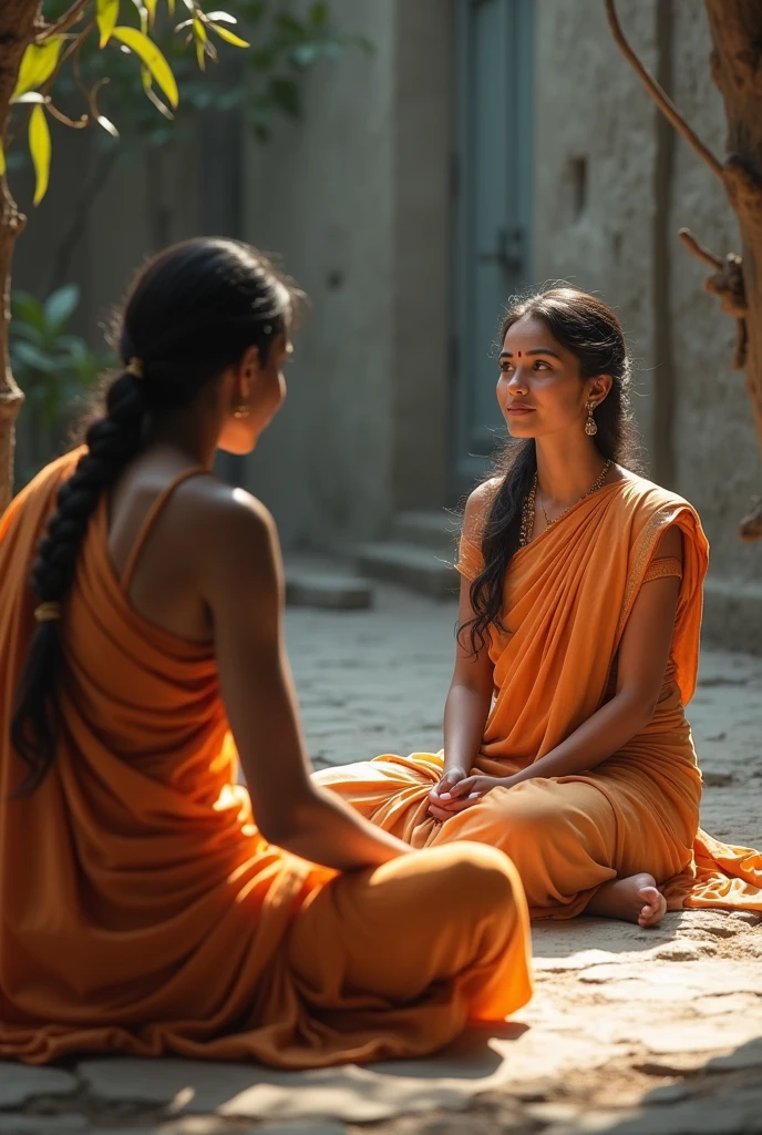 Lady wearing a saree, minimal Jewellery, in fully devotional state, sitting on ground in front of guru at some distance