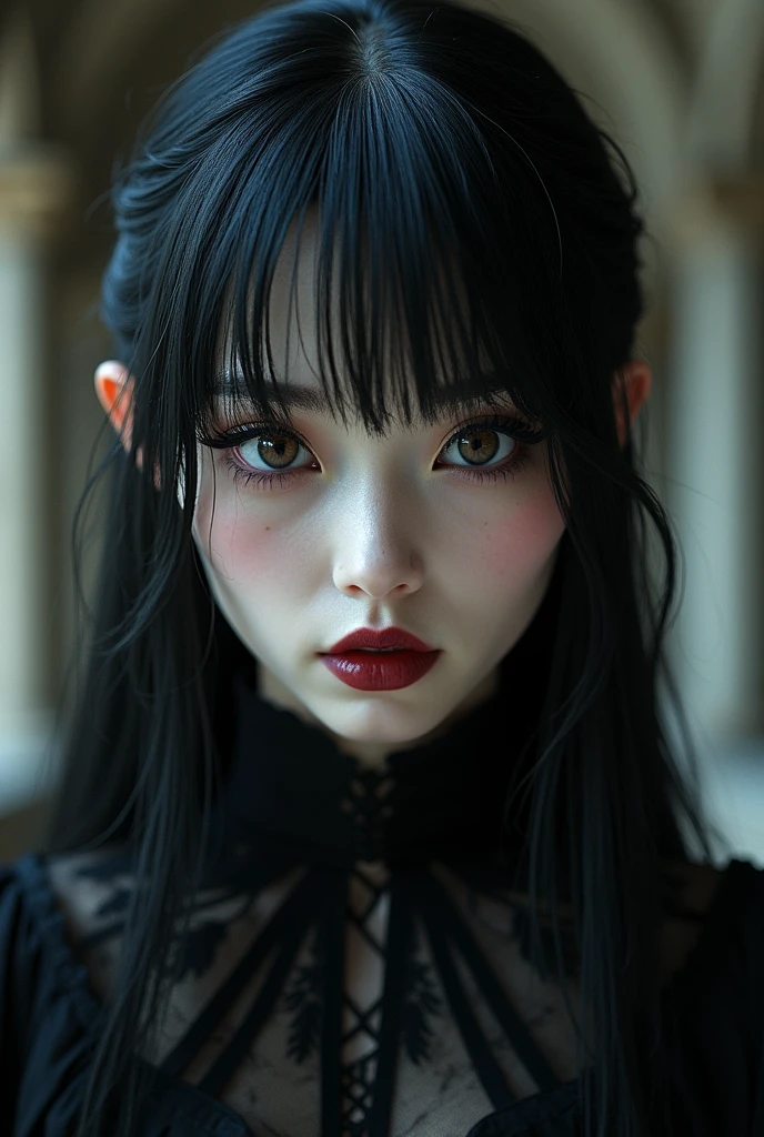 (best quality, 8k, highres, photorealistic:2.0), (solo, one girl:2.0), A highly detailed photorealistic image, half-body, a close up of a beautiful japanese vampire woman, (long hair with bangs), long eyelashes, dreamy gothic girl, gothic make-up, dark eye makeup, (big beady eyes girl:1.5), (droopy-eyes girl:1.5), she is a vampire, beautiful face, detailed face, (sex appeal:1.3), (impressive eyes:1.5), elegant render, half body photo, mistress, photoshop render, cinematic lighting, ebony rococo, elegant girl, female spy, haunting beautiful young woman, detailed face, extravagant dress, beauty girl, very femenine, haunted abandoned gothic cathedral at background, dark haze atmotsphere, centered