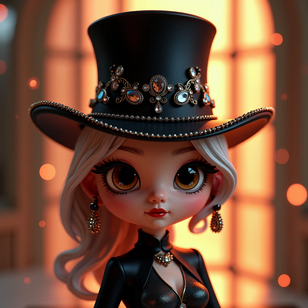 A mesmerizing AI-generated 3D masterpiece that captures the essence of a chic chibi woman, with enthralling eyes and an alluring hourglass figure. She dons a striking black attire and a lavishly embellished top hat, radiating an air of mystique and elegance. The artwork is a harmonious blend of Craig Davison's surrealism, Ryan Ottley's comic styling, Ray Caesar's digital fantasies, Agnes Cecile's vivid colors, and André Masson's abstract expressionism. The dynamic light and composition adhere to the golden ratio, creating a visually captivating and unparalleled experience.