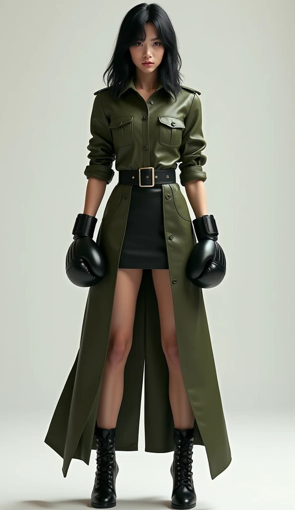 Sexy soldier, olive green leather shirt, long business a-line skirt, black stiletto-heeled combat boots, jet-black hair, boxing gloves,