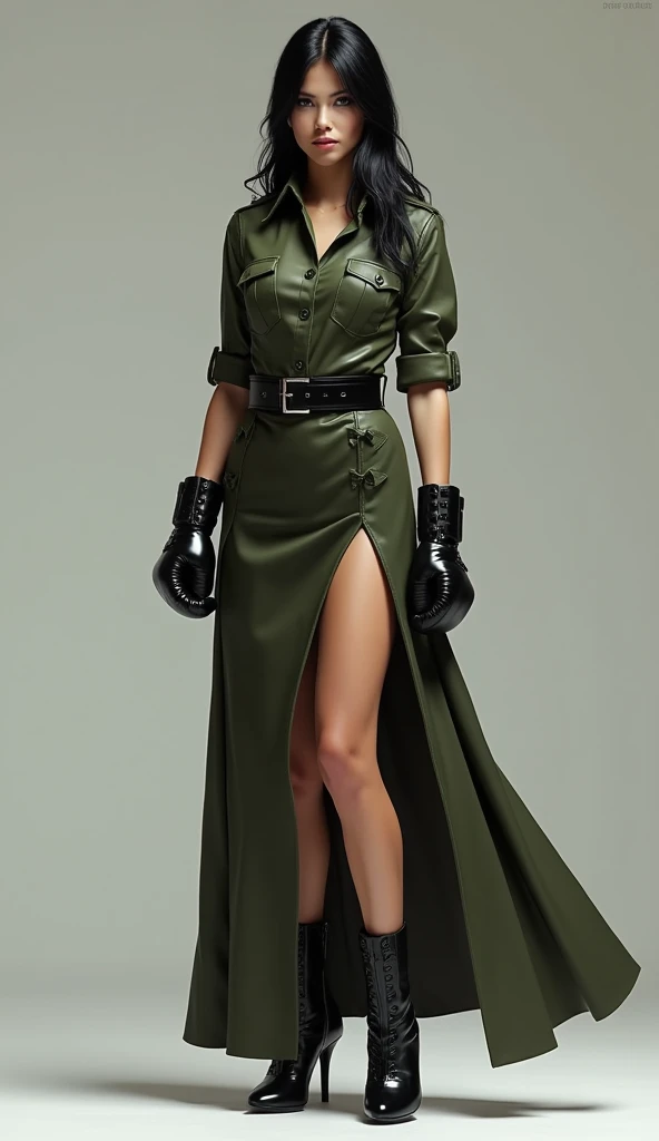 Sexy soldier, olive green leather shirt, long business a-line skirt, black stiletto-heeled combat boots, jet-black hair, boxing gloves,