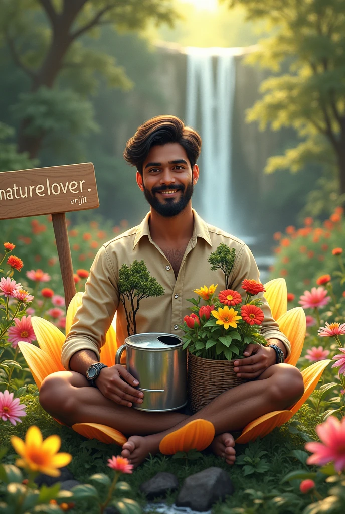 Imagine An indian 18-year old adult boy is sitting on a flower in the midst of flower garden and plants and is holding two flowers in his hands. He is holding two plant tub with two flowers and fruits with his two hands, the boy wears a shirt In which many trees and leaves are painted, He has no thick mustache but a mustache line, a light beard along the jawline, a smile on his face,And behind him is a stream flowing,in his one hand he wear a watch,In front of him is a watering can and some flowers and fruits held up in a basket.An entering board behind him showed "Naturelover_arijit" It is written in big sizes letters.