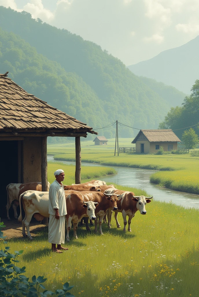 A very long cowshed is visible on the side of the field.
The house was made of mud walls and thatch.
An old man was feeding grass to cows in front of the cowshed. The old man was wearing white clothes.
There was a river behind the cowshed.