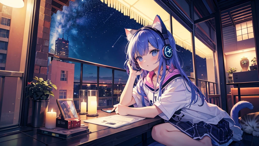 Pop art style、8K(Highest quality)(masterpiece)、Wide angle、Balcony、Night view、Starry Sky、Girl wearing headphones and listening to music、Colorful、Cat at your feet