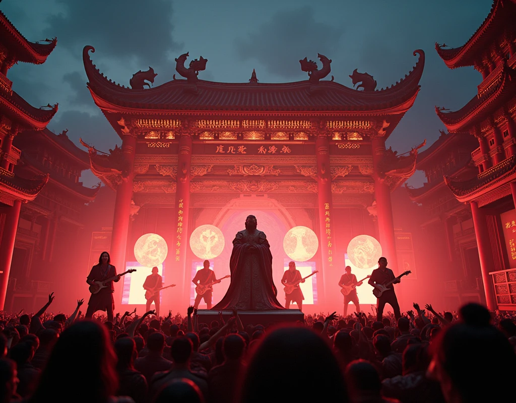 Chinese mythology,Qi Tian Great Sage,Yang Jian,rock band,Concert stage,temple background,Night,A crowd,detail,Surreal,masterpiece,8K wind resolution,overclocked renderer,