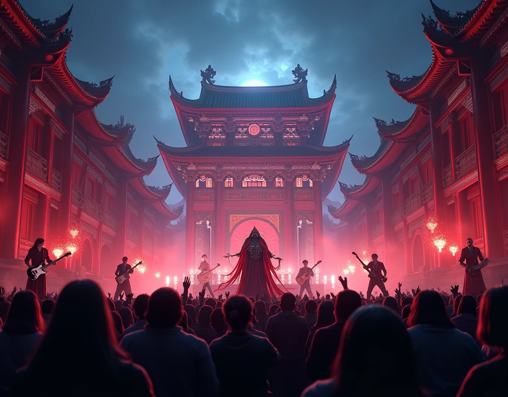 Chinese mythology，Qi Tian Great Sage，Yang Jian，rock band，Concert stage，temple background，Night，A crowd，detail，Surreal，masterpiece，8K wind resolution，overclocked renderer，